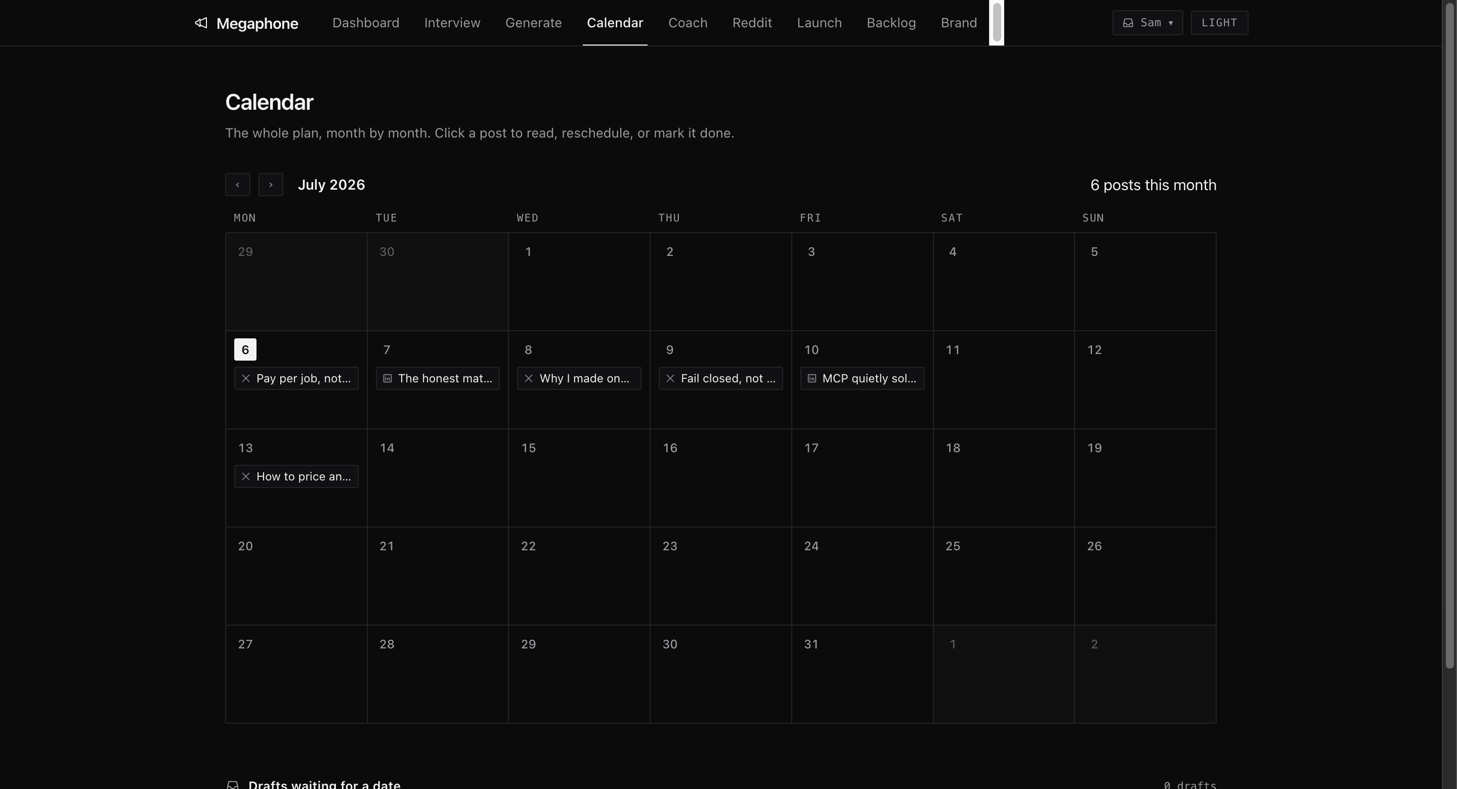 The month calendar: a planned week of posts as chips on a monochrome grid
